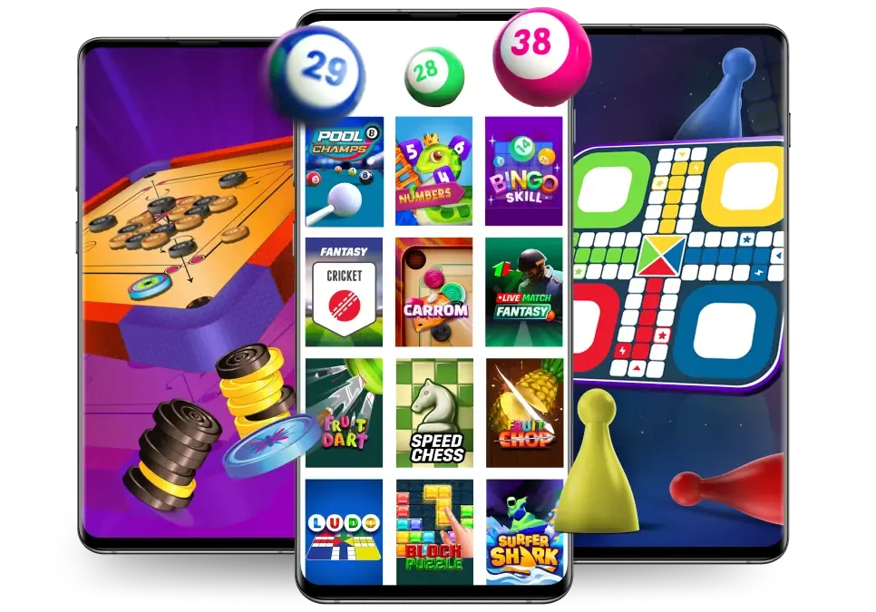 Desktop hero. Three phones, a carrom table, a snakes-and-ladders board, and bingo balls.